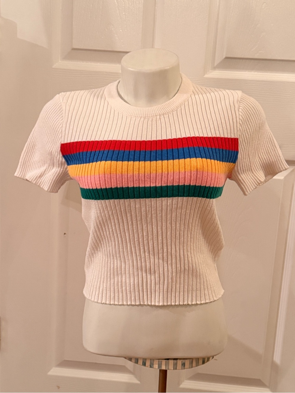 Urban Outfitters Cream Ribbed Crop Top with Rainbow Stripes